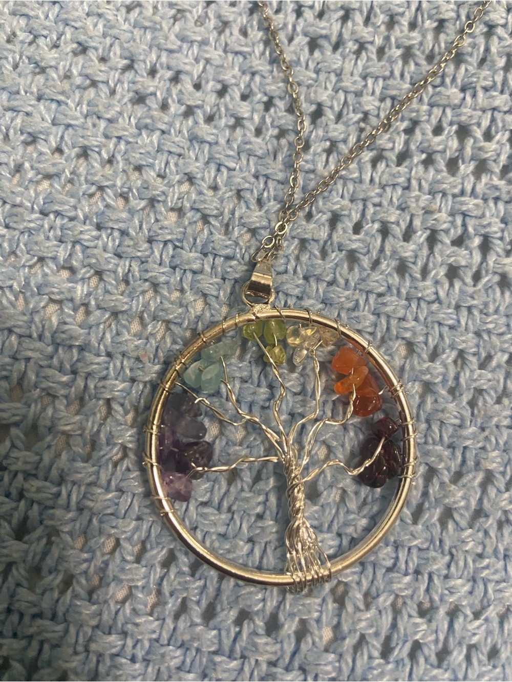 Silver Tree of Life Chakra Pendant Necklace - Multicolor Bead Accents